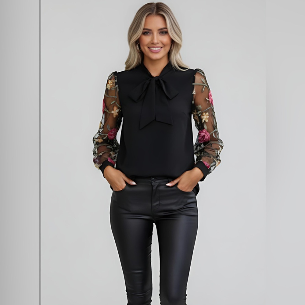 LAST ONE 🔥 Floral Embroidery Mesh Sleeve Tie Neck Blouse Black - Picture 1 of 8